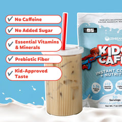 Zenbean Kids Cafe Vanilla Latte ingredients overview, includes vitamin D3 and prebiotic fiber.
