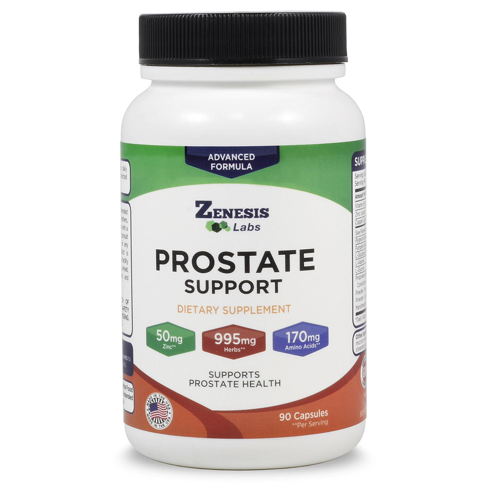 Zenesis Labs Prostate Health bottle front shows saw palmetto for urinary comfort