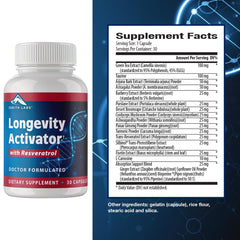 Zenith Labs Longevity Activator bottle front showing label and dosage information.
