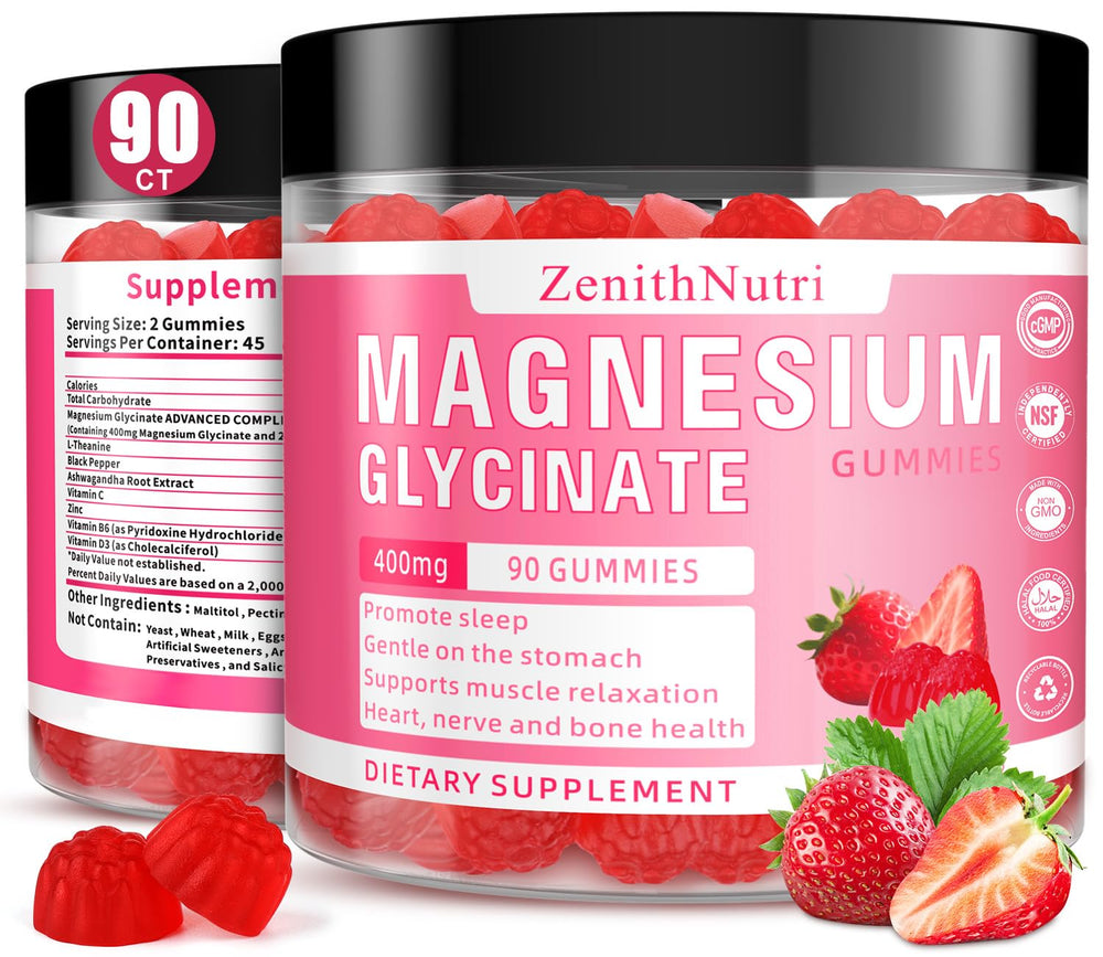 ZenithNutri Magnesium Glycinate Gummies bottle image for convenient daily relaxation and sleep support.