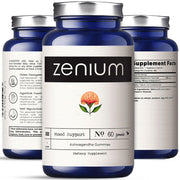 Zenium Ashwagandha Gummies bottle label showing calm focus benefits