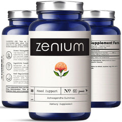 Zenium Ashwagandha Gummies bottle label showing calm focus benefits