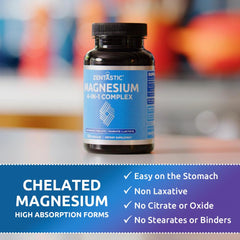 Zentastic Magnesium Complex bottle back label describes dosage and ingredients to balance magnesium.