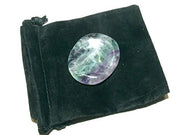 Zentron Crystal Collection polished fluorite worry stone in velvet pouch for mindful moments.