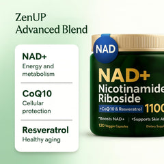 ZenUP NAD+ label zoom highlights Resveratrol and Quercetin synergy
