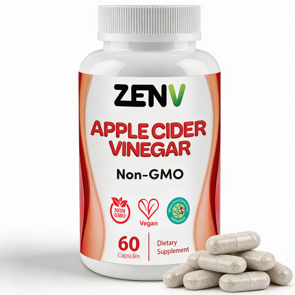 ZENV Apple Cider Vinegar Gummies bottle shows herbal blend for convenient daily chew.