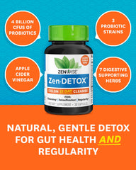 Zenwise Health colon detox packaging front emphasizes probiotic and herbal blend for gut balance.