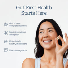 Zenwise Health Digestive Enzymes pouring capsules showing fast-acting enzymes in action