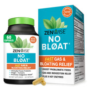 Zenwise No Bloat bottle front view showing the 60-count digestive enzyme formula for post-meal comfort