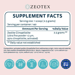 Zeotex scoop dispense shows simple dosing for your wellness ritual.