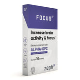 ZEPH Focus bottle close-up shows premium capsules for mental clarity.
