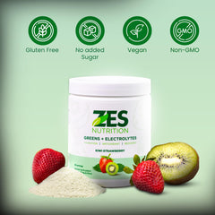 Close-up of a scoop pouring Greens + Electrolytes powder for a kiwi strawberry mix.