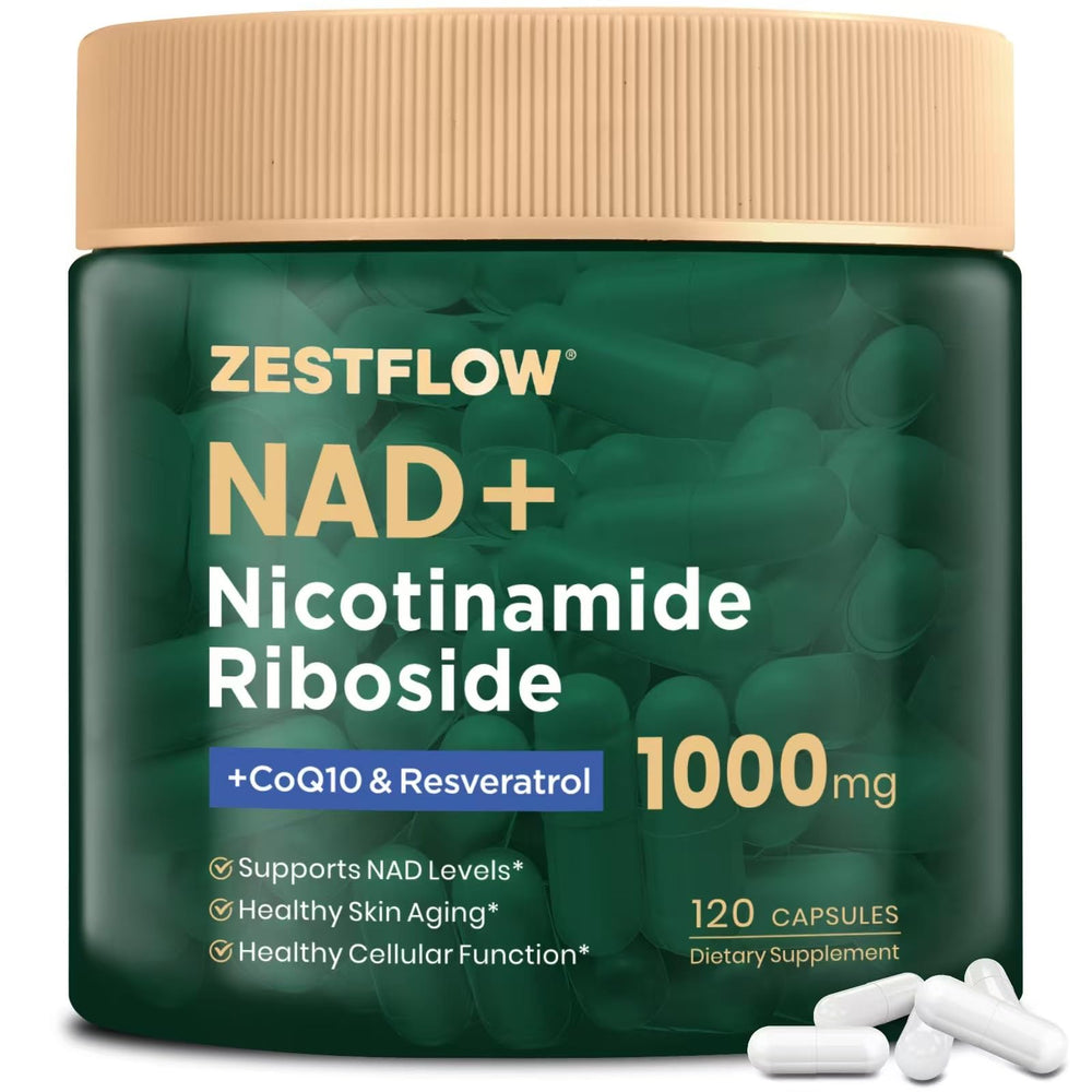 ZESTFLOW NAD Supplement bottle-front muestra energía equilibrada y vitalidad diaria