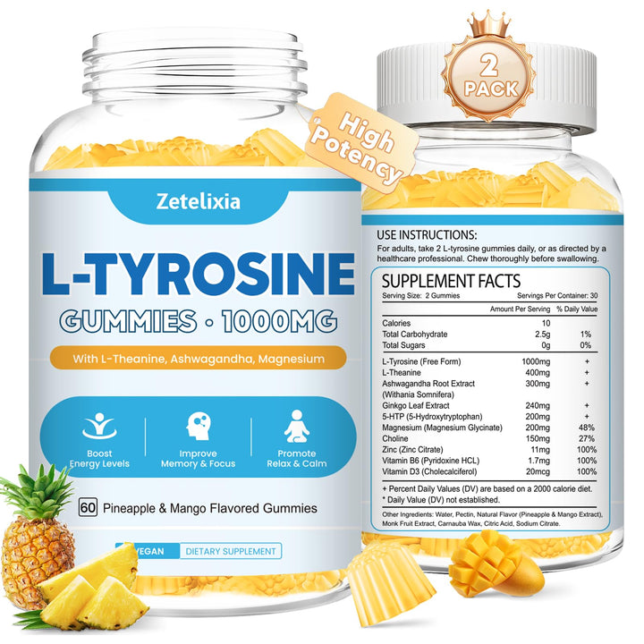 Zetelixia L Tyrosine Gummies bottle with Pineapple & Mango flavor for focus