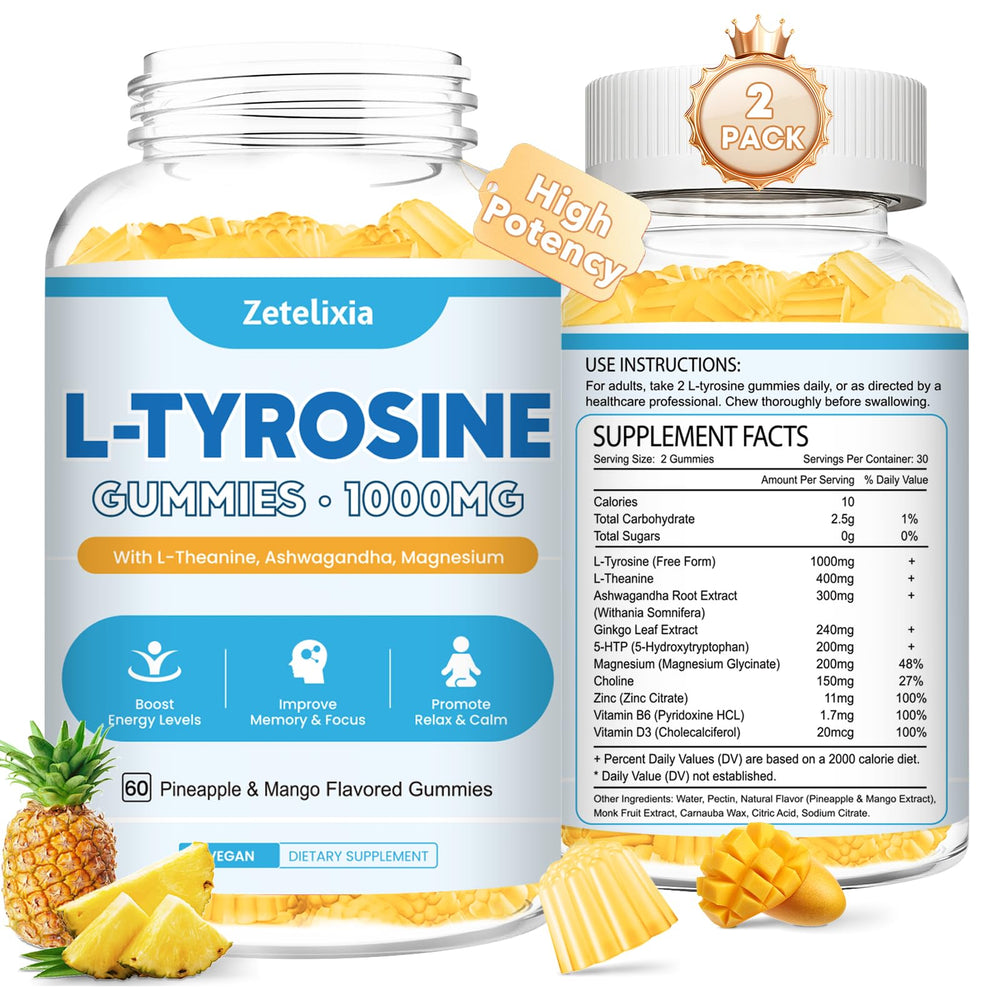 Zetelixia L Tyrosine Gummies bottle with Pineapple & Mango flavor for focus