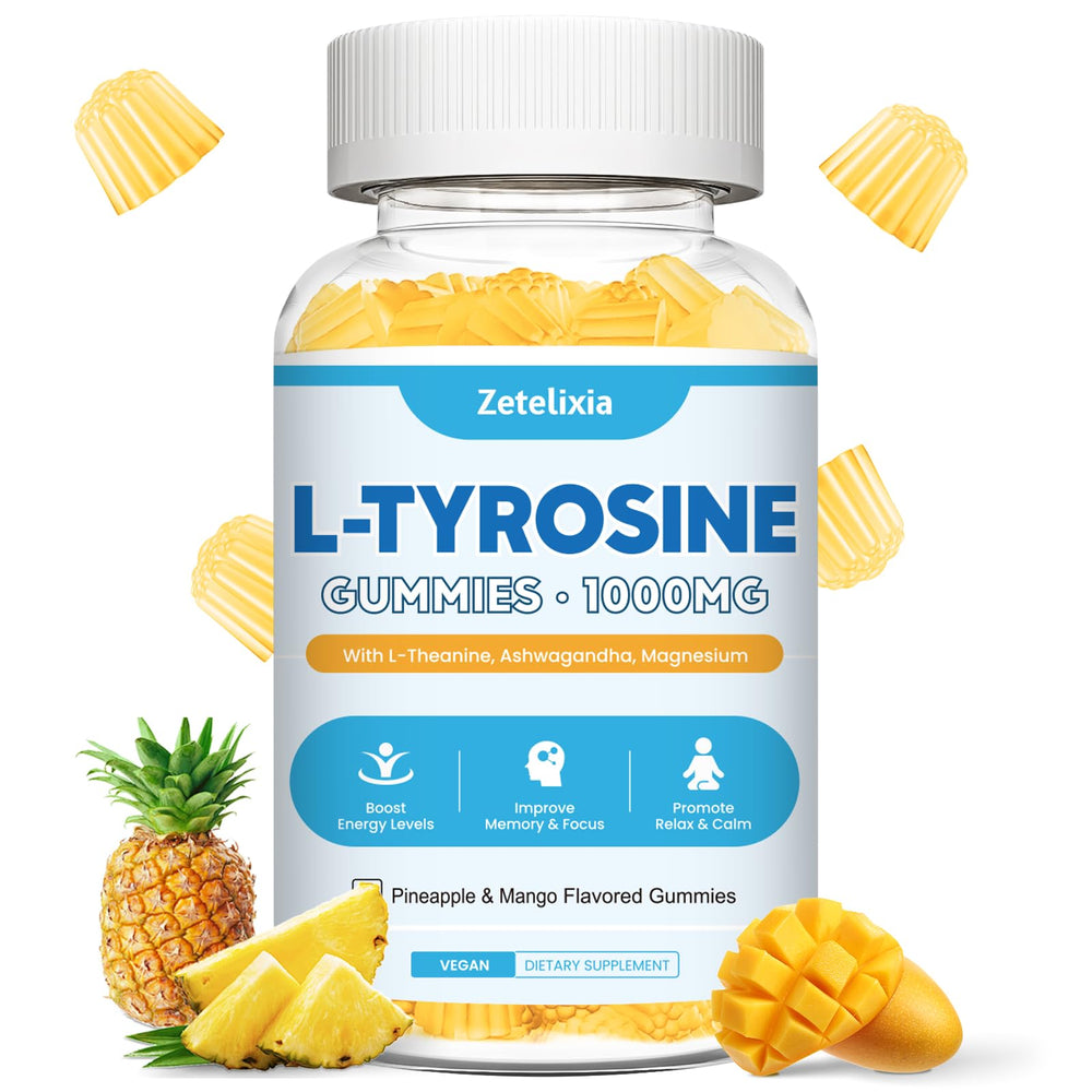 Zetelixia Tyrosine Gummies bottle with pineapple-mango flavor supports focus and energy