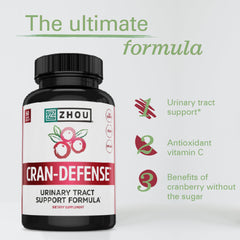 Bottle being dispensed with Zhou Cran-Defense capsules ready for daily use