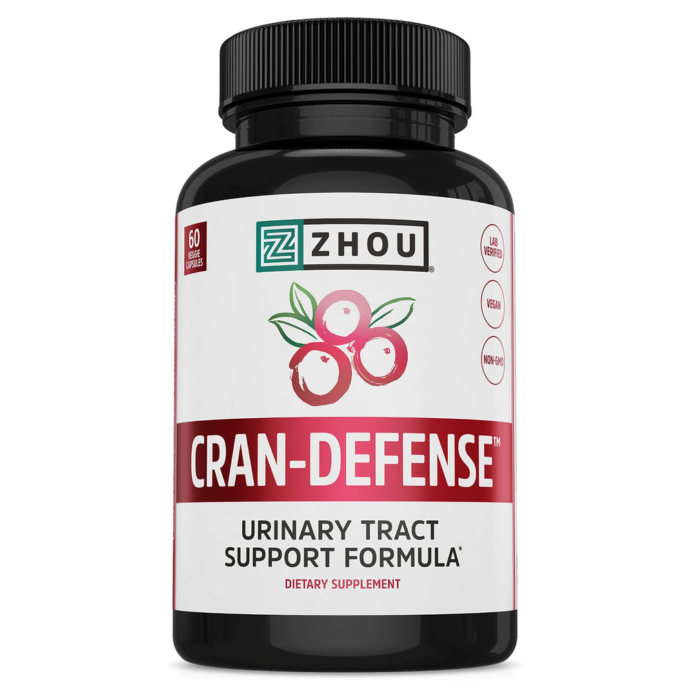 ZHOU Cran-Defense bottle label showing 60 veggie capsules for daily urinary health