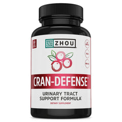 ZHOU Cran-Defense bottle label showing 60 veggie capsules for daily urinary health