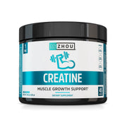 Zhou Creatine powder bottle highlighting pure, vegan strength support for workouts