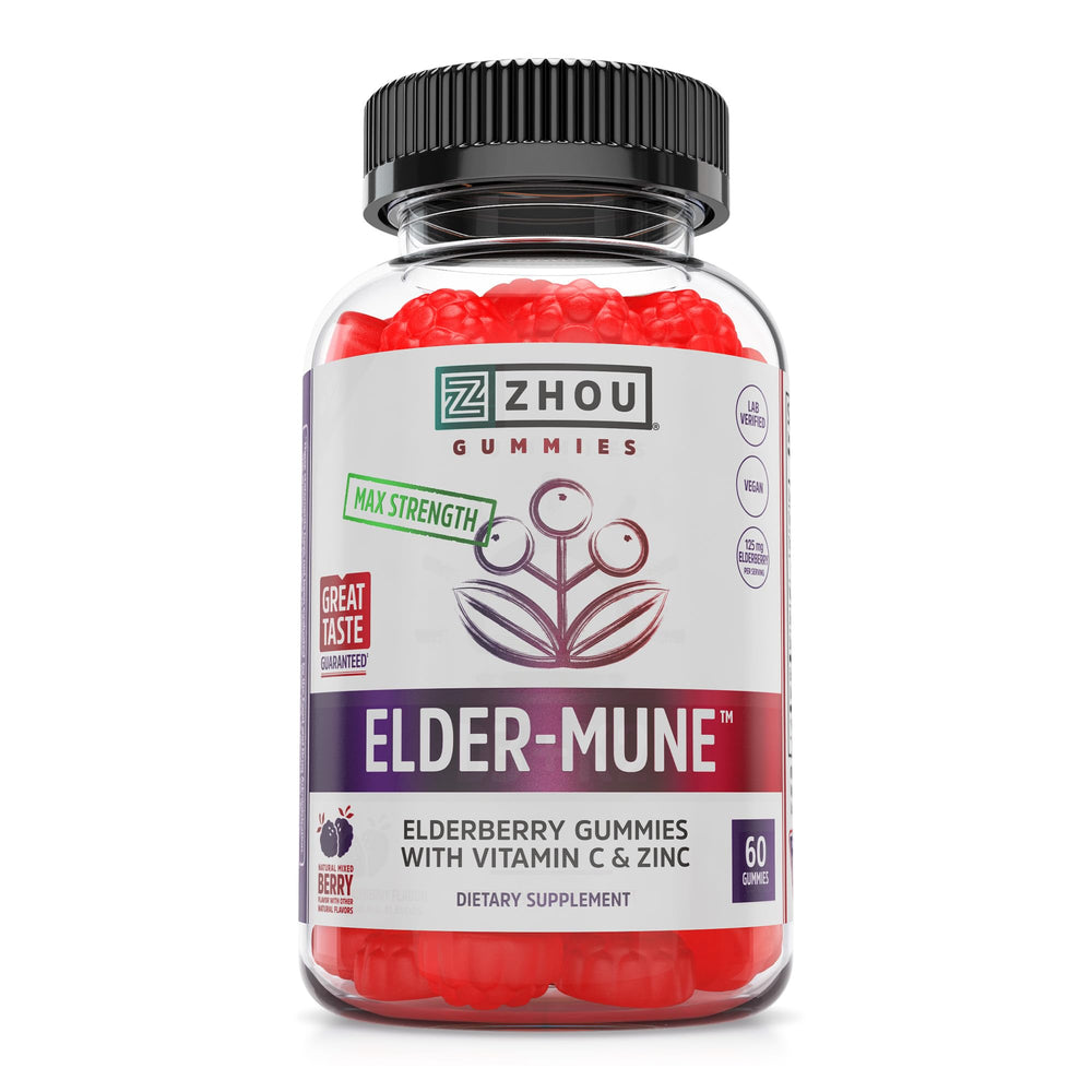Zhou Elder-Mune gummies bottle on kitchen counter for daily immune support.