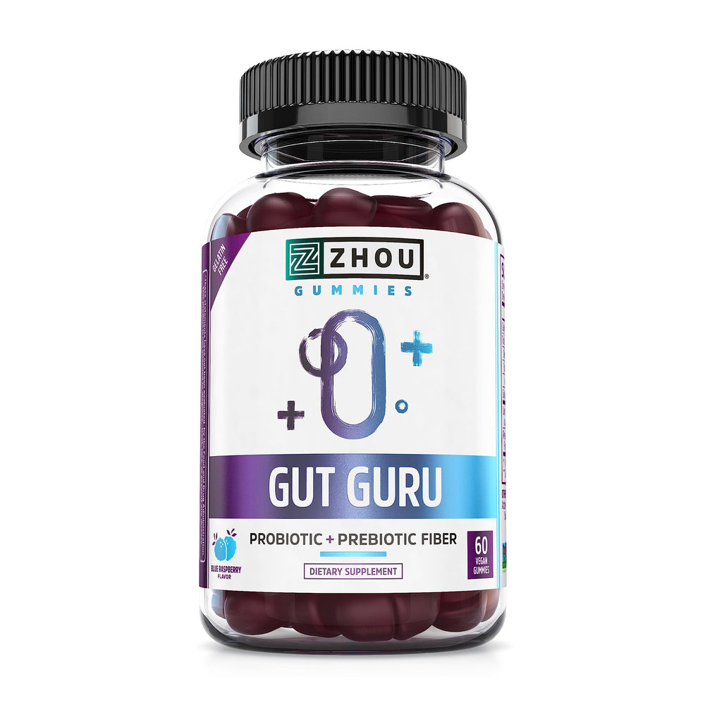 ZHOU Gut Guru bottle front shows daily digestion support with vegan gummies