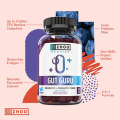 ZHOU Gut Guru gummies closeup highlights soft texture and 2-in-1 formula