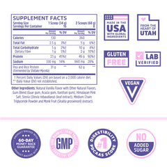 Zhou Plant Complete vanilla powder scoop, delivers 21 g protein per serving for meals.