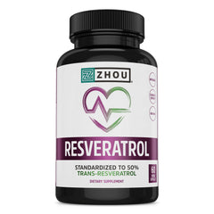 ZHOU Resveratrol bottle label highlighting high-strength antioxidant support for daily wellness.