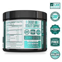 Close-up of Zhou Spirulina label showing non-GMO and gluten-free quality