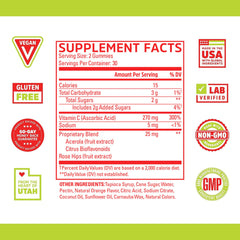 ZHOU Vitamin C+ Gummies bottle back with ingredients list and vegan claim for everyday wellness