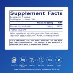 Zinc Picolinate 30mg capsules close-up highlighting easy-to-swallow form.