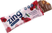 Zing Bars dark chocolate cherry packshot, vegan protein bar with gluten-free, non-GMO ingredients.
