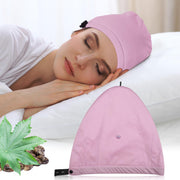 ZINGTERRA Castor Oil Pack Wrap on head for hands-free conditioning during sleep.