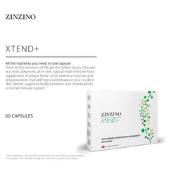 Zinzino Xtend+ ingredients panel lists vitamins and minerals for a balanced profile.