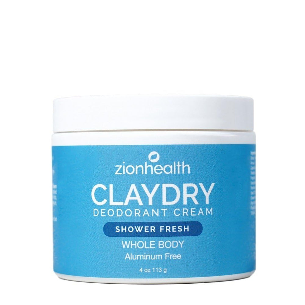 Zion Health Clay Dry Deodorant bottle shows shower-fresh formula for allover odor protection.
