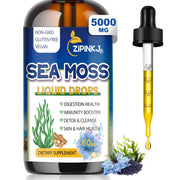 ZIPINKJ Sea Moss Drops bottle shows the 11-ingredient formula for daily vitality
