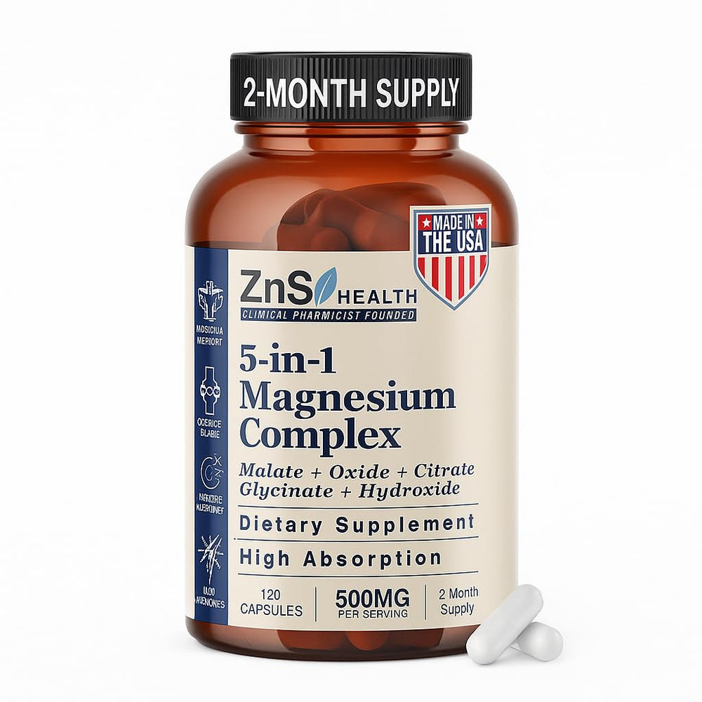 ZnS Health 5-in-1 magnesium bottle with capsules for daily energy.
