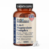 ZnS Health 5-in-1 magnesium bottle with capsules for daily energy.