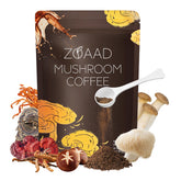 ZOAAD Mushroom Coffee tub label showing six mushrooms and organic blend for focus