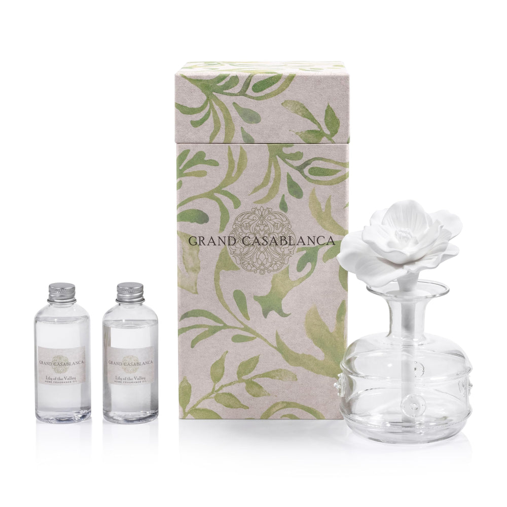 Zodax Grand Casablanca 200ml diffuser bottle with glass and porcelain bloom for subtle fragrance