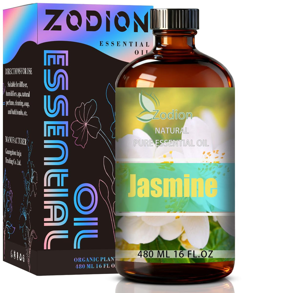 ZODION Jasmine essential oil bottle in amber glass enhances aroma and shelf life.