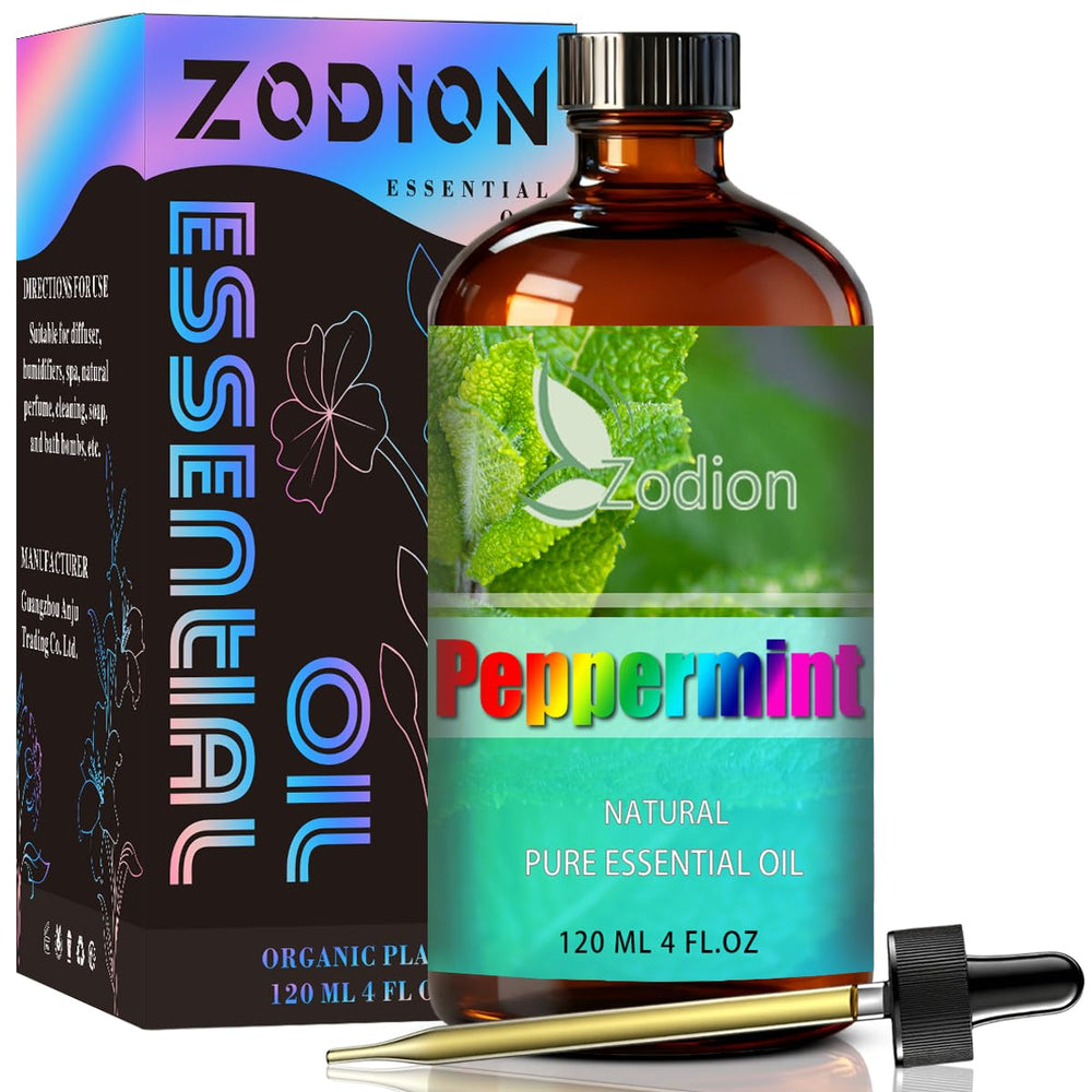 ZODION Peppermint essential oil bottle pour shows pure aroma ideal for diffusion