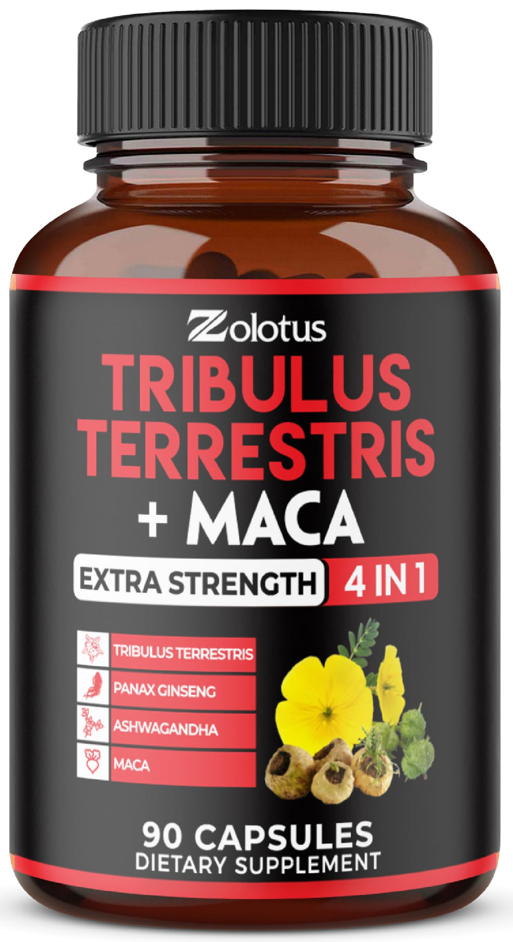 Zolotus Premium Tribulus Capsules bottle close-up showing convenient daily supplement.