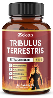 Zolotus Tribulus capsules bottle with label highlights energy support potential.
