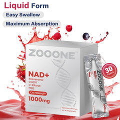 Zooone NAD+ dispensing dropper highlighting fast uptake for everyday vitality