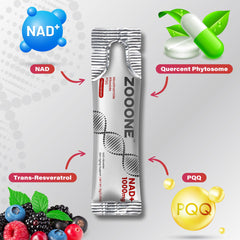 Zooone NAD+ 1000mg liquid packet dissolves quickly in water for rapid absorption.