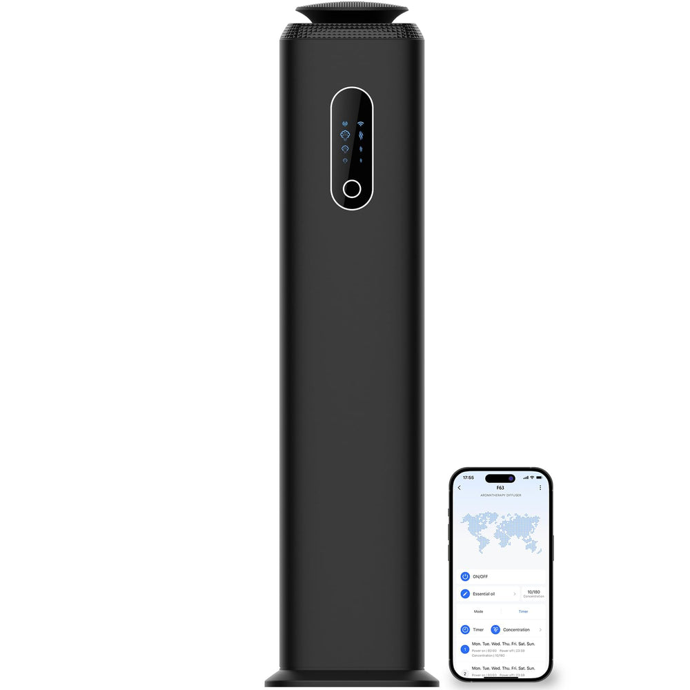 ZORALM Tower Diffuser front view shows sleek black metal design for large spaces