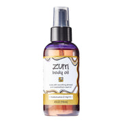 Zum Indigo Wild Frankincense & Myrrh body oil bottle shown for soothing massage and hydration.