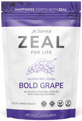 Zurvita Zeal for Life bold grape powder tub with scoop for daily nutrition.